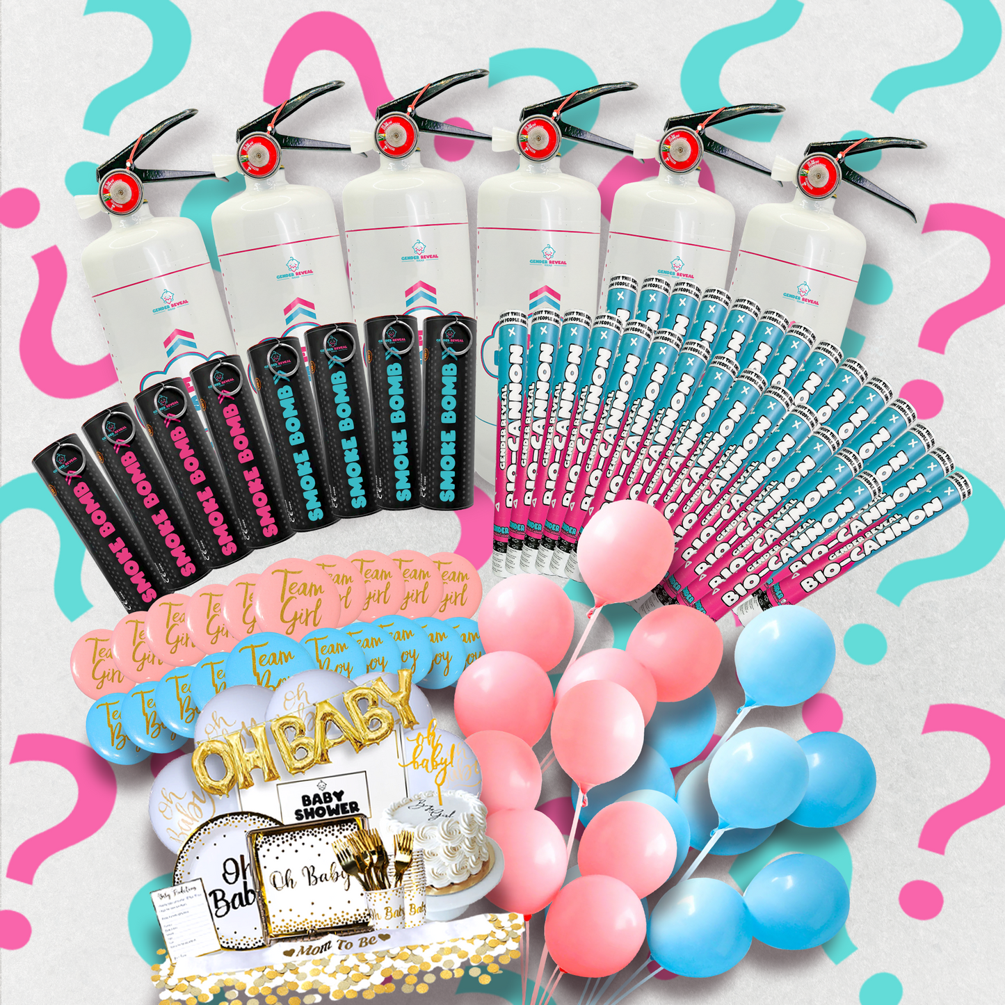 Gender-Geddon Australia's Largest Gender Reveal Bundle featuring white smoke cannons, pink and blue party poppers, decorative balloon sets, gold letter balloons spelling 'OH BABY', and party accessories arranged in a fan pattern against a background with pink and blue question marks.