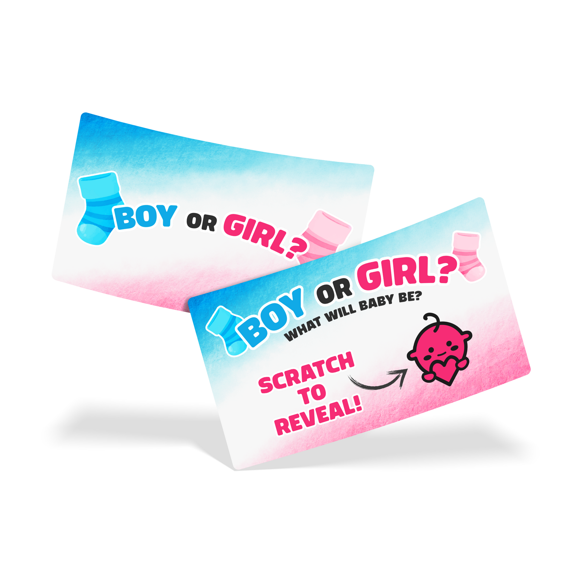 Gender Reveal Ideas 24 Pack Scratchies showing interactive cards to reveal boy or girl with scratch to reveal design.