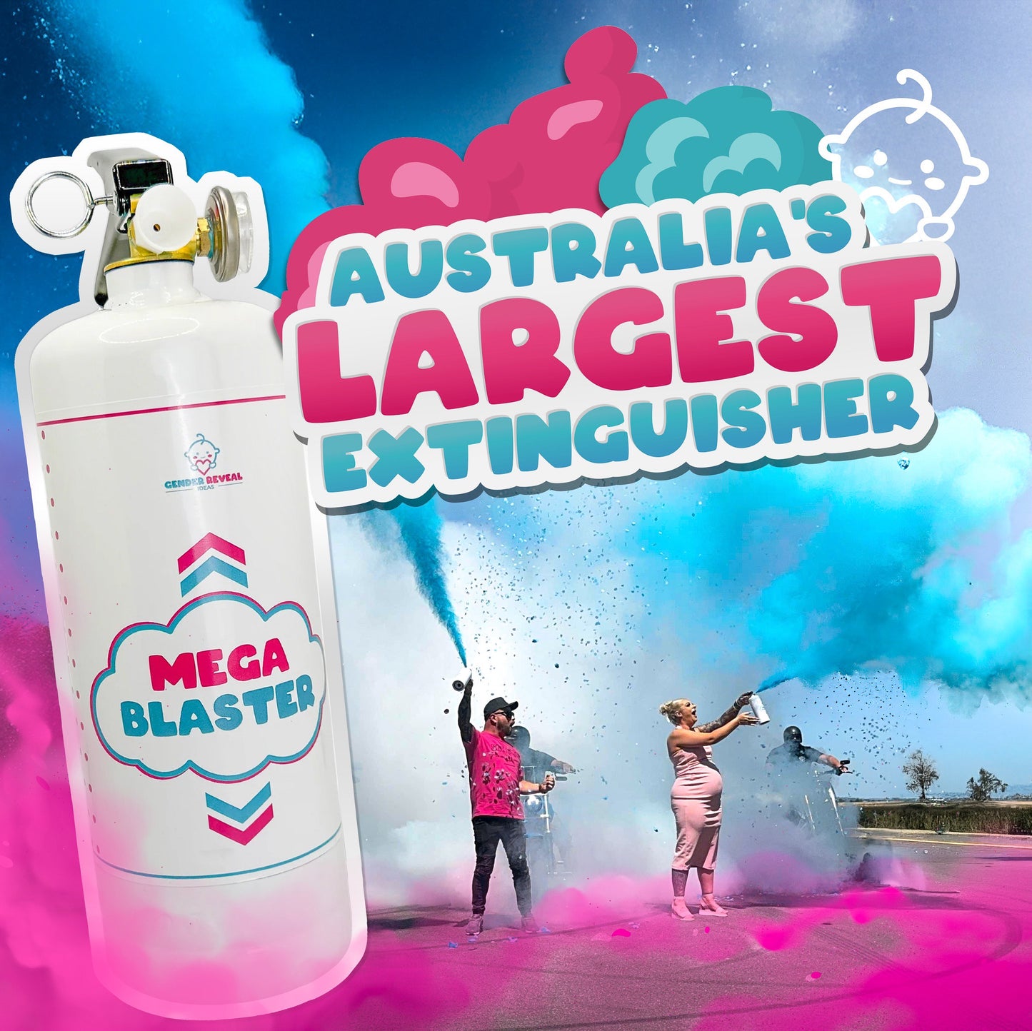 Gender Reveal MEGA Blaster powder extinguisher creating colorful clouds with pink and blue bursts against a vibrant sky backdrop