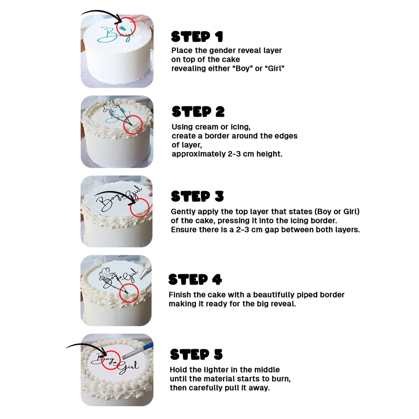 6 inch Viral Burn Away Cake Topper Kit step-by-step instruction guide showing five detailed images of white frosted cake demonstrating how to place, border, overlay, and burn the gender reveal topper for a dramatic reveal moment