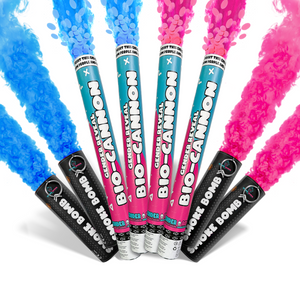 Gender Reveal Mega Smoke and Cannon Effect Bundle showing blue and pink smoke with confetti effects for celebration.