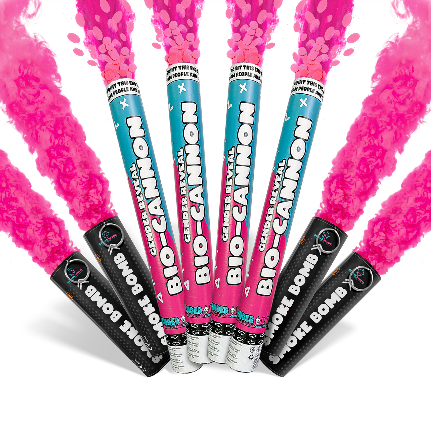 Gender Reveal Mega Smoke and Cannon Effect Bundle showing pink smoke from bio-cannons and smoke bombs celebration reveal