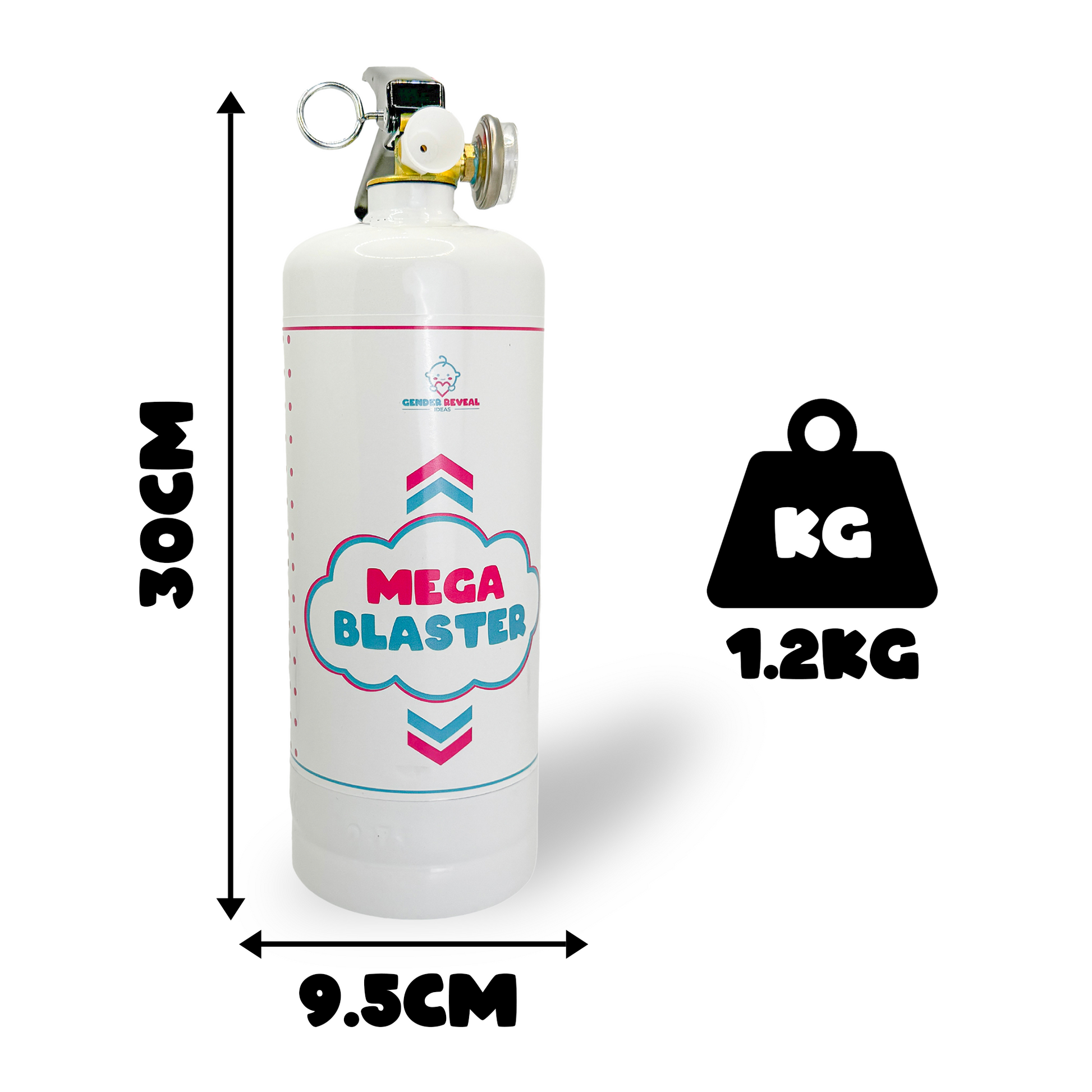 Gender Reveal Double MEGA Powder Blaster product dimensions shown with white cylindrical canister featuring colorful Mega Blaster logo design. Unit measures 30cm height, 9.5cm width, weighs 1.2kg. Product specifications displayed with measurement arrows and weight icon.