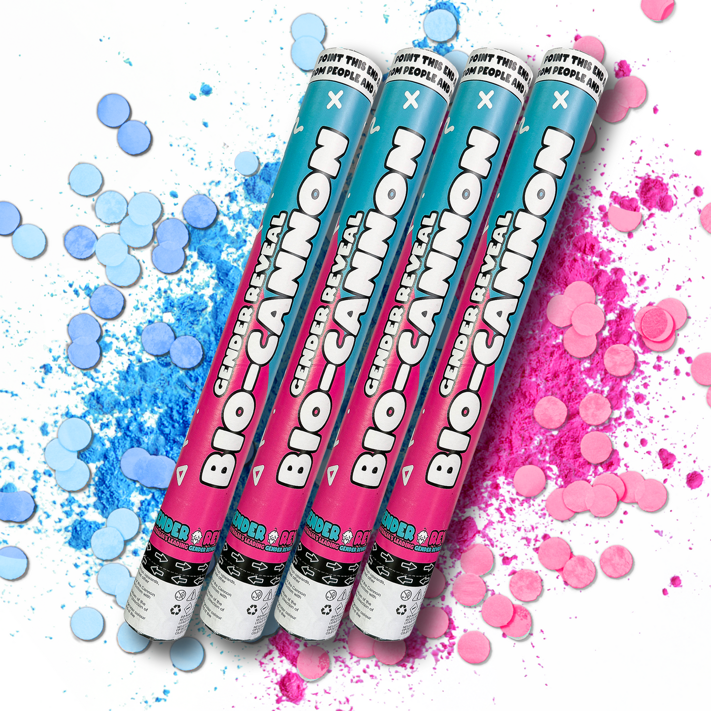 4pcs Cannon powder tubes in pink and blue gradient design, arranged diagonally with colorful powder explosions in blue and pink creating a festive splash effect on white background, perfect for gender reveal celebrations