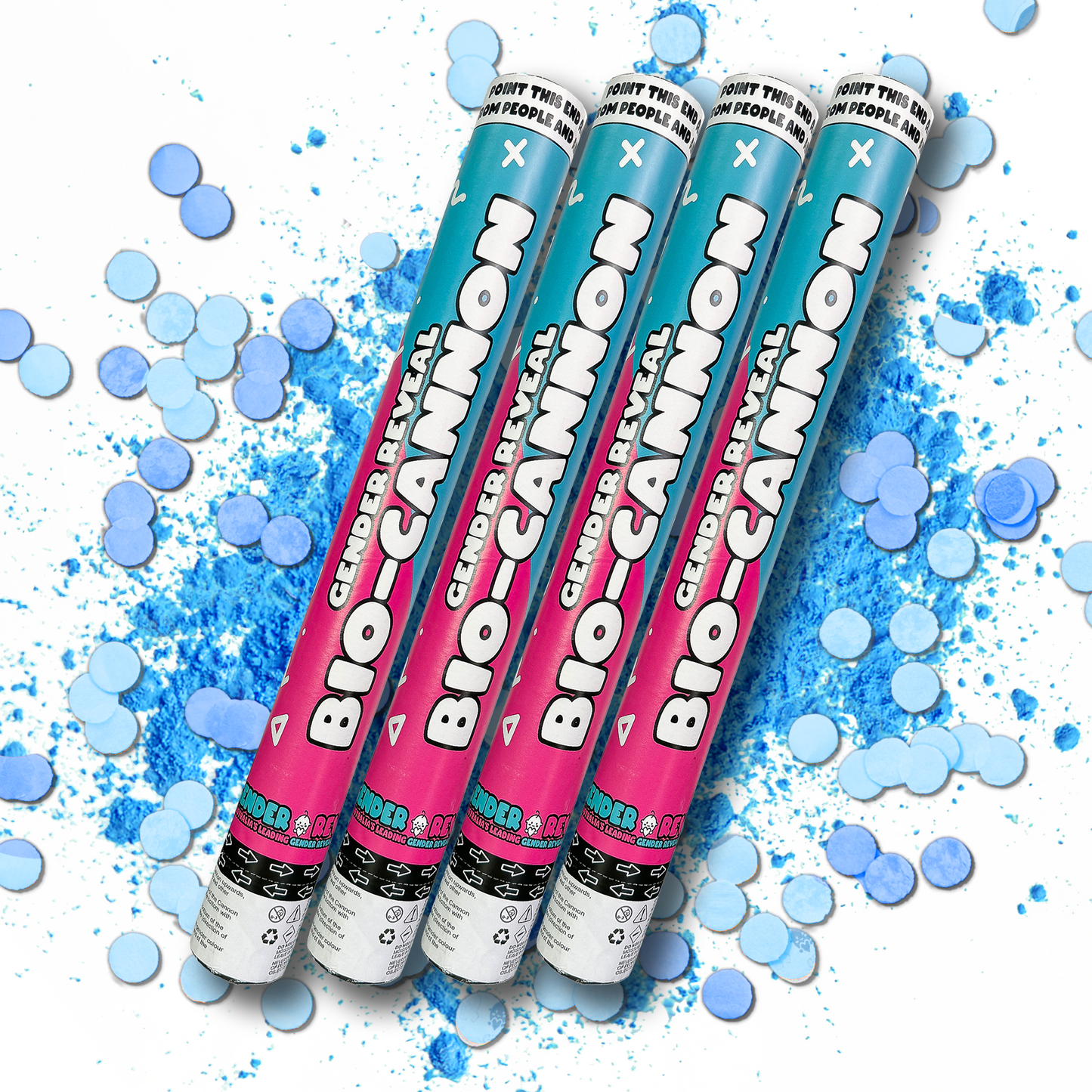 4pcs Cannon powder tubes in pink and turquoise colors arranged diagonally on a white background with blue powder splash effect, perfect for gender reveal celebrations and special announcements