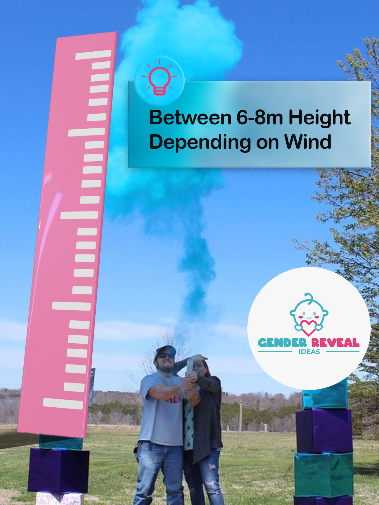 Gender Reveal Powder Cannon XL 50cm demonstrated outdoors with bright blue powder explosion reaching 6-8m height against clear sky, featuring pink measurement scale and company logo. Product shown in action with impressive powder dispersion effect.