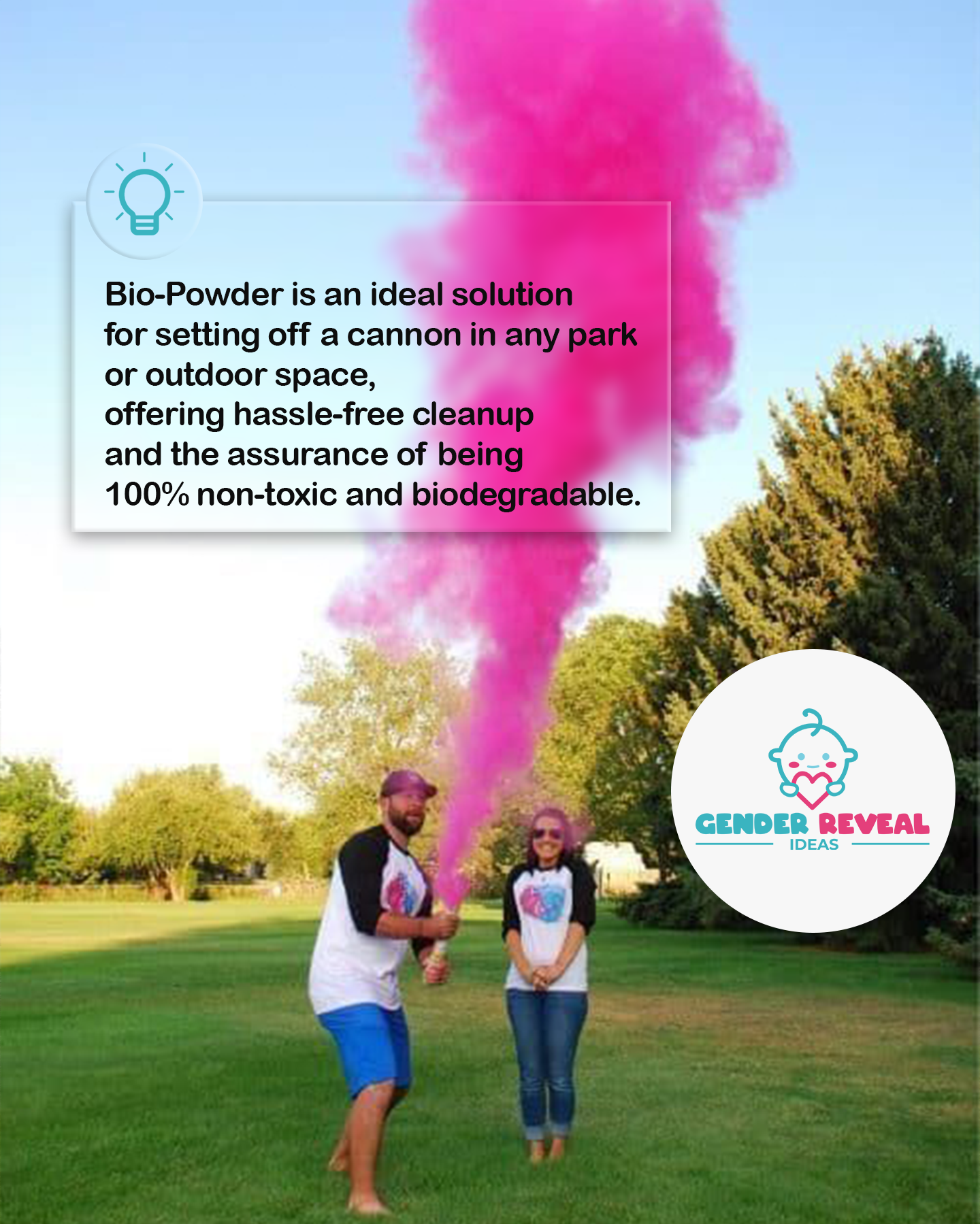 Gender Reveal Powder Cannon XL 50cm creates a vibrant pink powder explosion in an outdoor park setting, with bright blue sky and green trees in background. Product information text overlay highlights eco-friendly and biodegradable features of the bio-powder cannon.