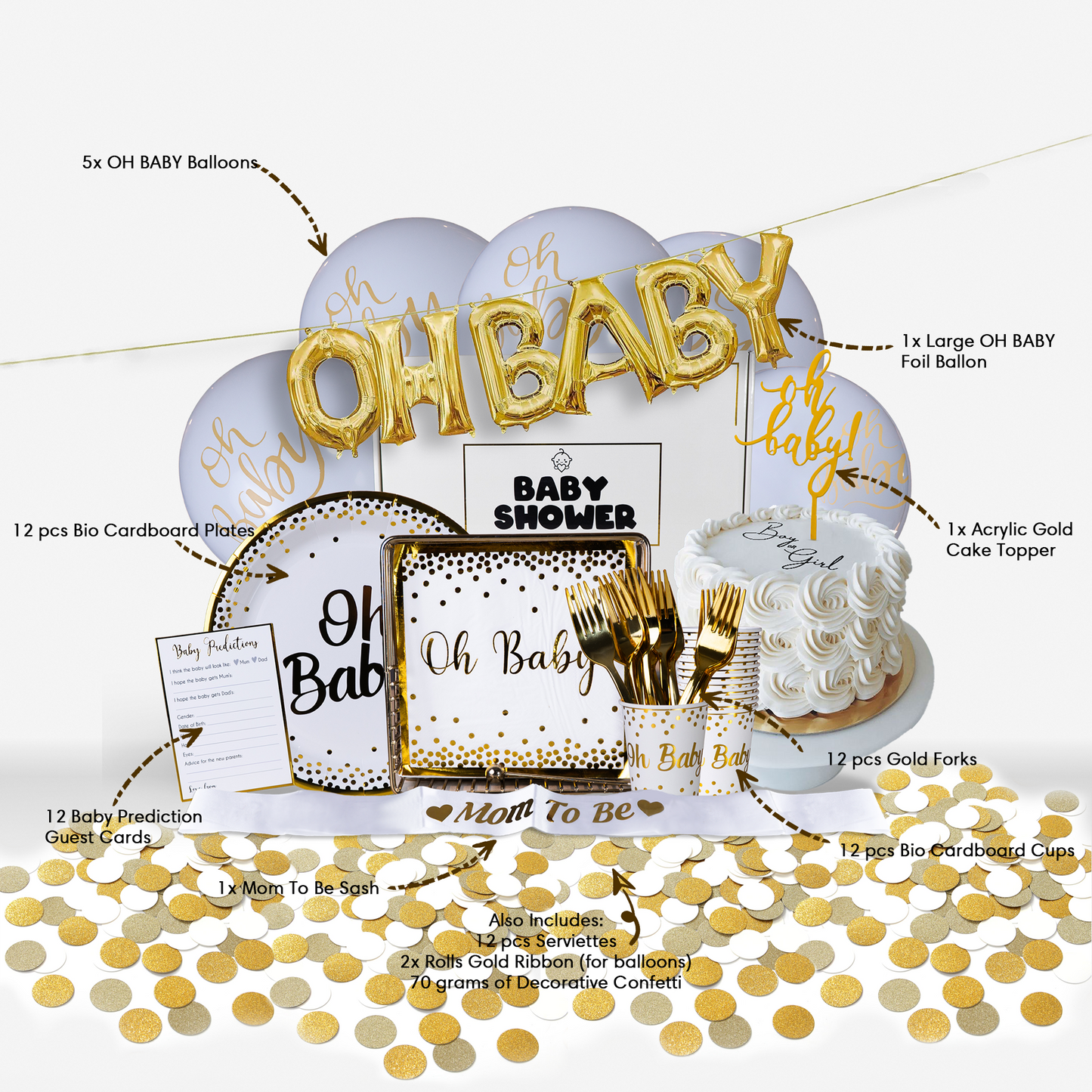 FREE Baby Shower Party Box Set featuring 71 pieces including gold OH BABY balloon banner, white and gold party supplies, biodegradable plates, prediction cards, cake topper, and confetti displayed against a white background with detailed product labeling for easy setup