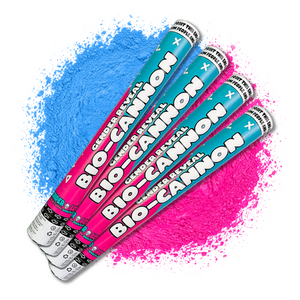 Gender Reveal Powder Cannon BIO XL Bundle with blue and pink powder bursts, showing four cannons in teal and pink design