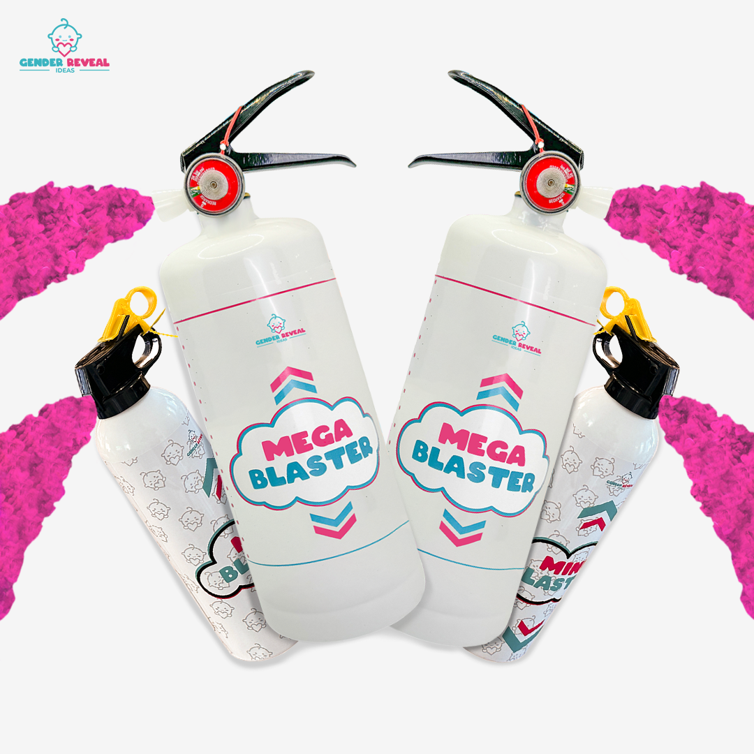 Quad Family Gender Reveal Extinguisher Bundle with two mega blasters and pink powder bursts on white background