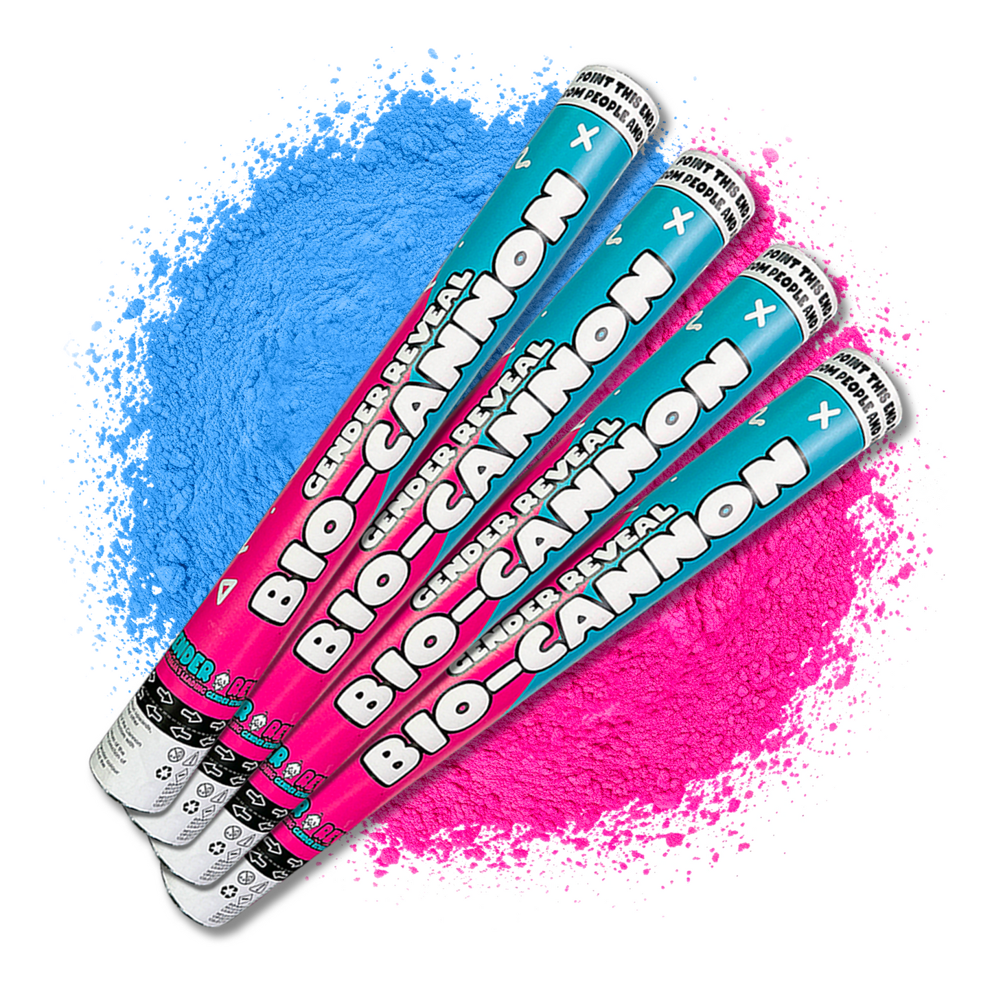 Gender Reveal Powder Cannon BIO XL Bundle showing four teal and pink cannons with blue and pink powder splashes