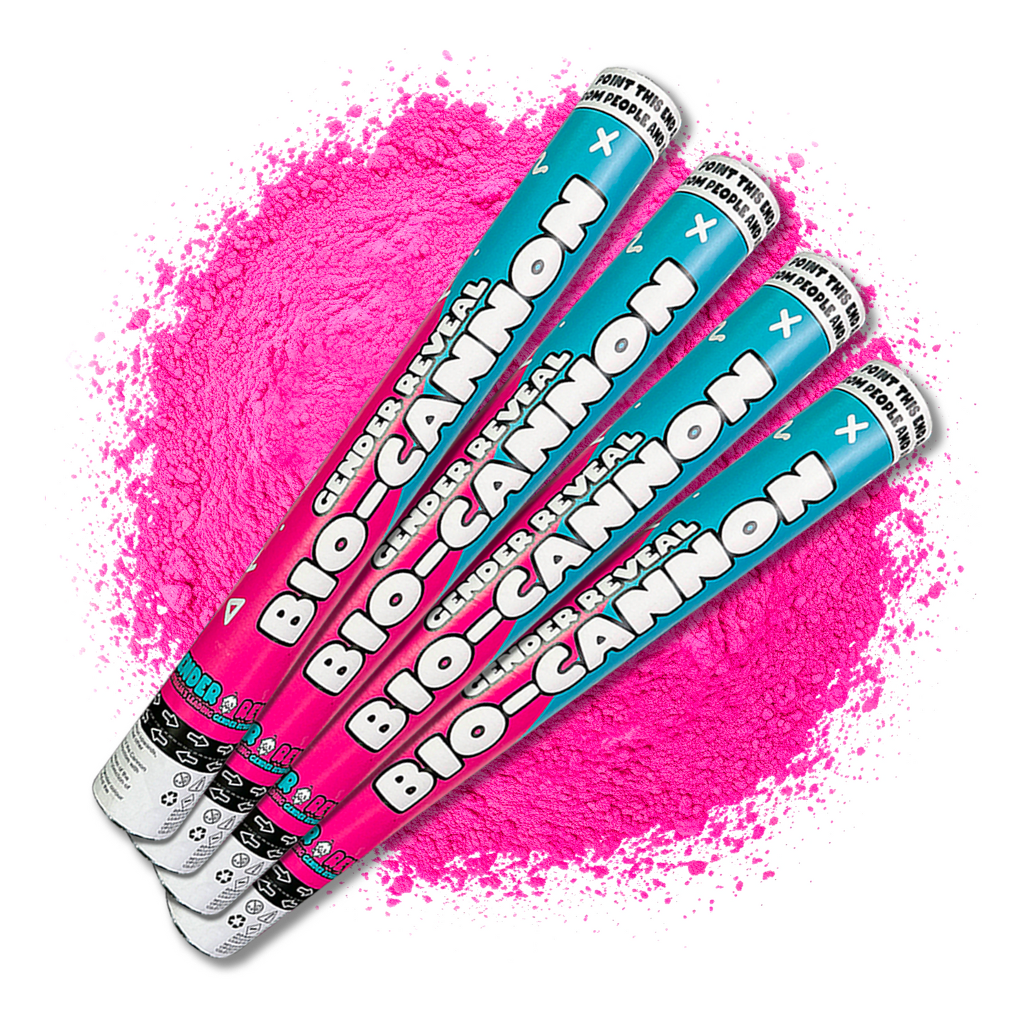 Gender Reveal Powder Cannon BIO XL Bundle with four blue and pink tubes against vibrant pink powder splash background