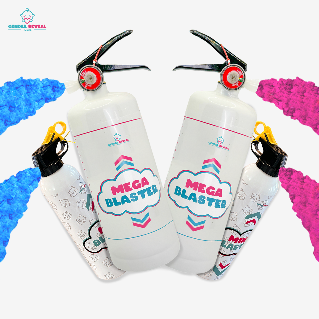 Quad Family Gender Reveal Extinguisher Bundle with two white Mega Blaster canisters surrounded by blue and pink powder clouds