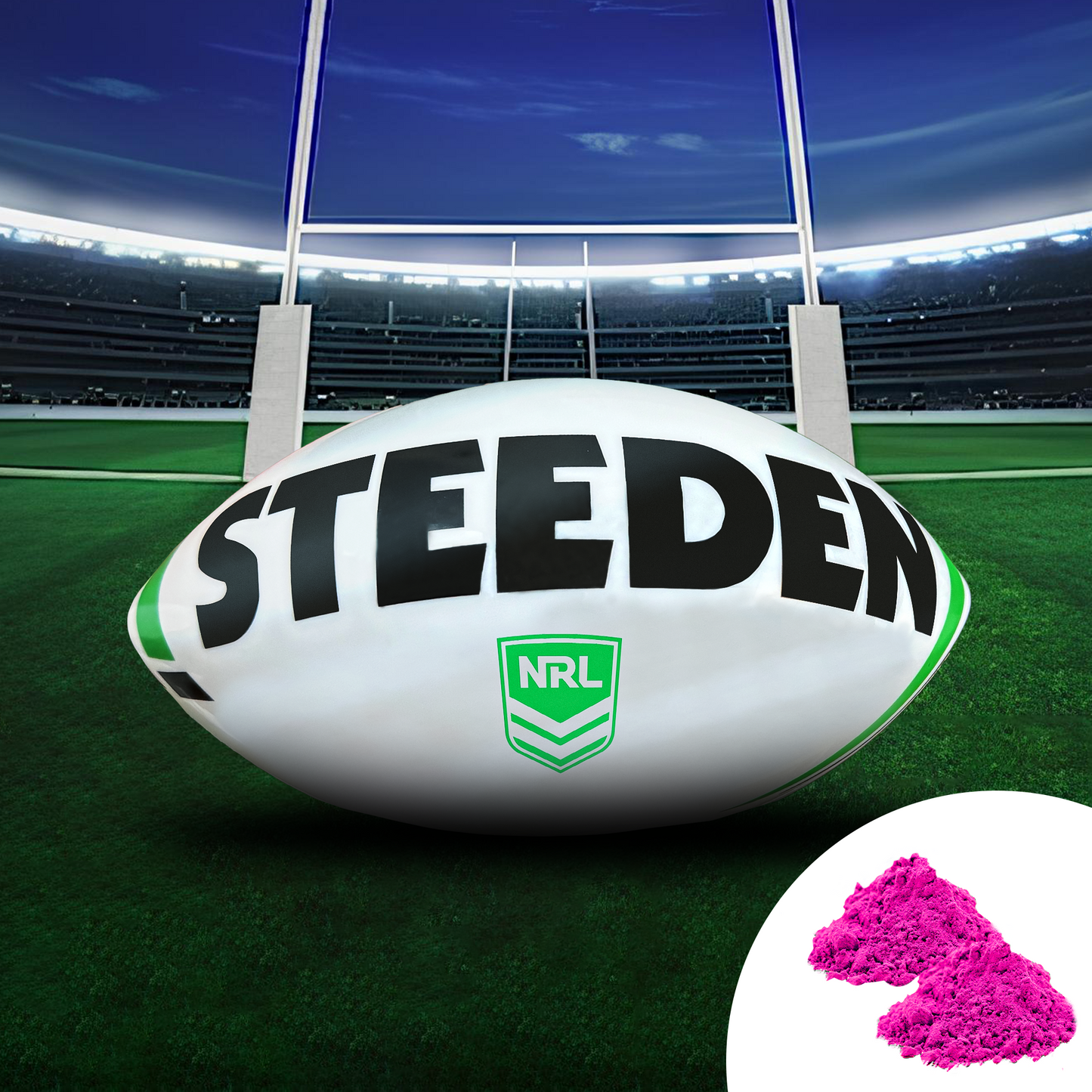Sports Gender Reveal NRL Rugby Ball featuring a white Steeden ball with NRL logo on stadium field, with bright pink powder sample shown in corner. Goal posts and stadium lights visible in background.
