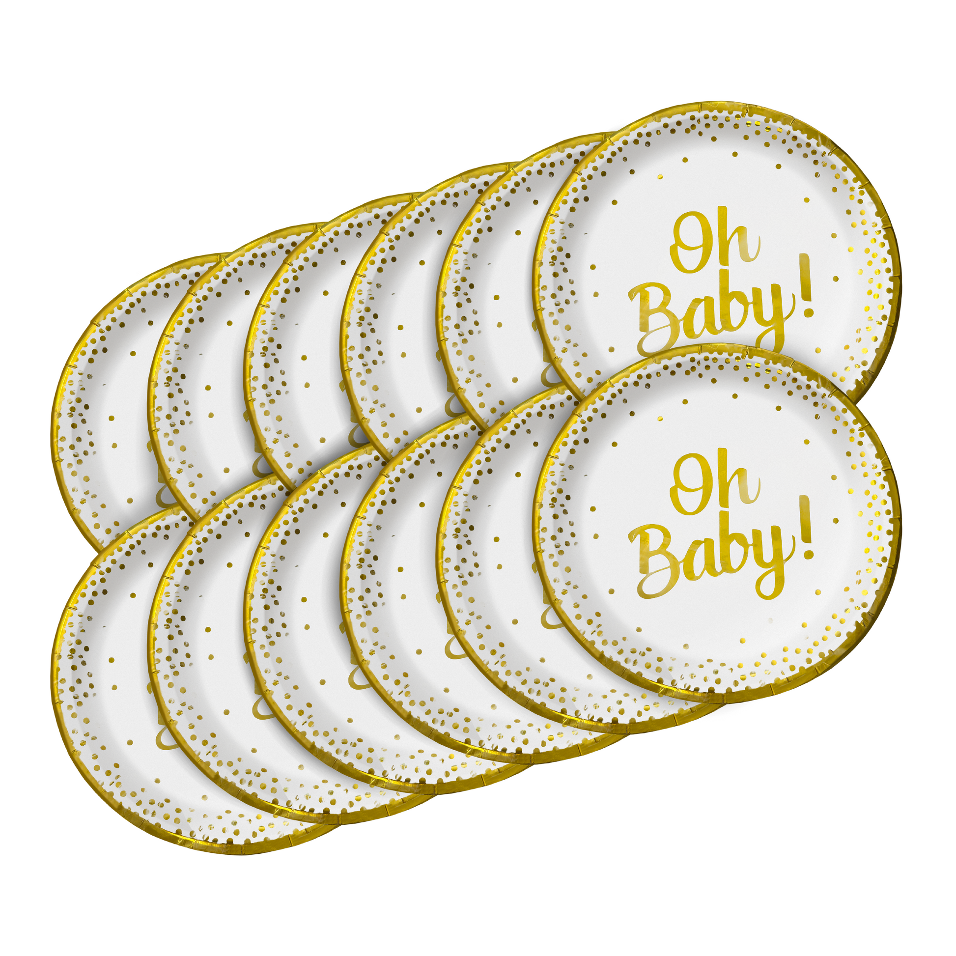 Oh Baby Gender Reveal Baby Shower Plates with white biodegradable design and gold text and accents, eco-friendly party decor.