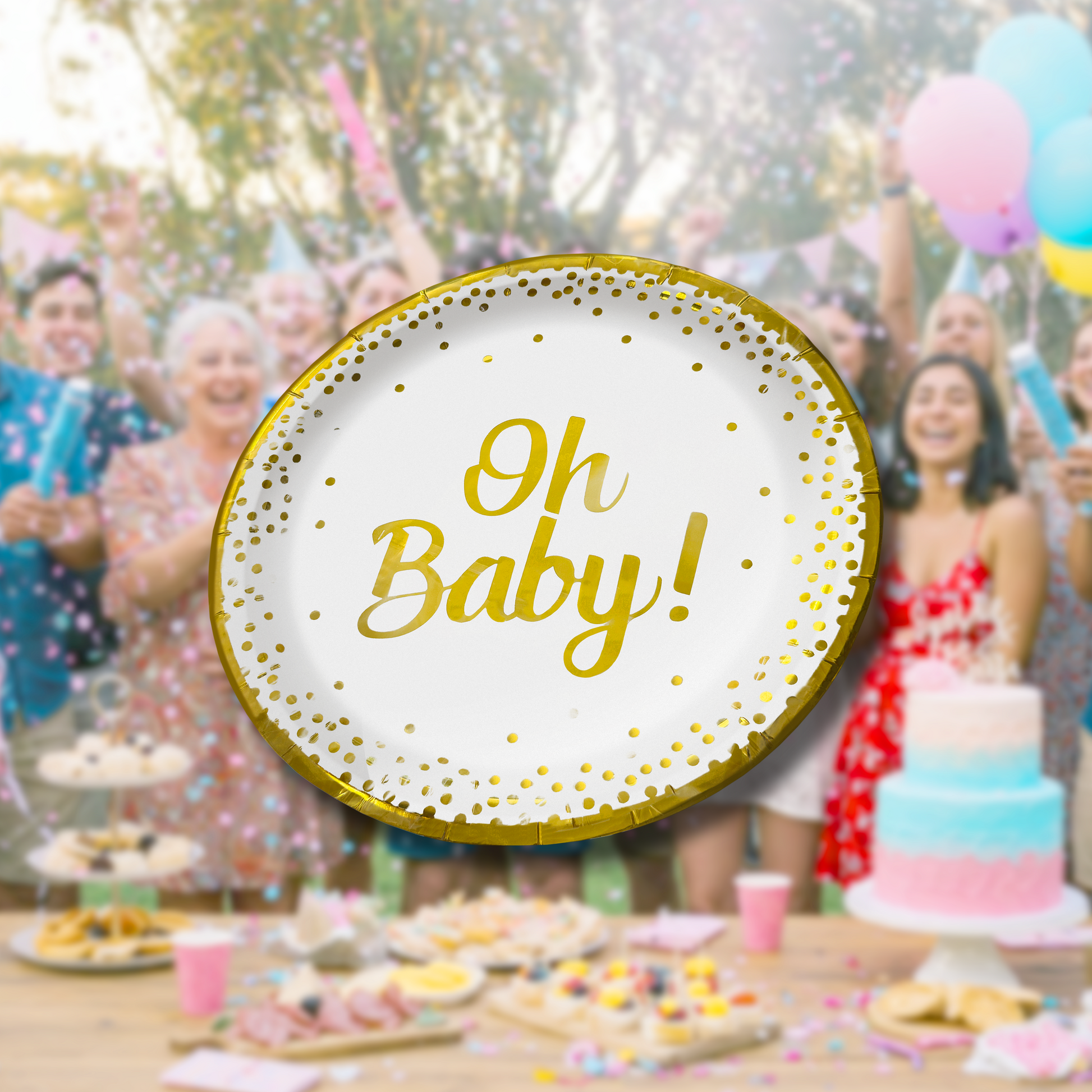 Oh Baby Gender Reveal Baby Shower Plates with white and gold design perfect for eco-friendly celebrations.