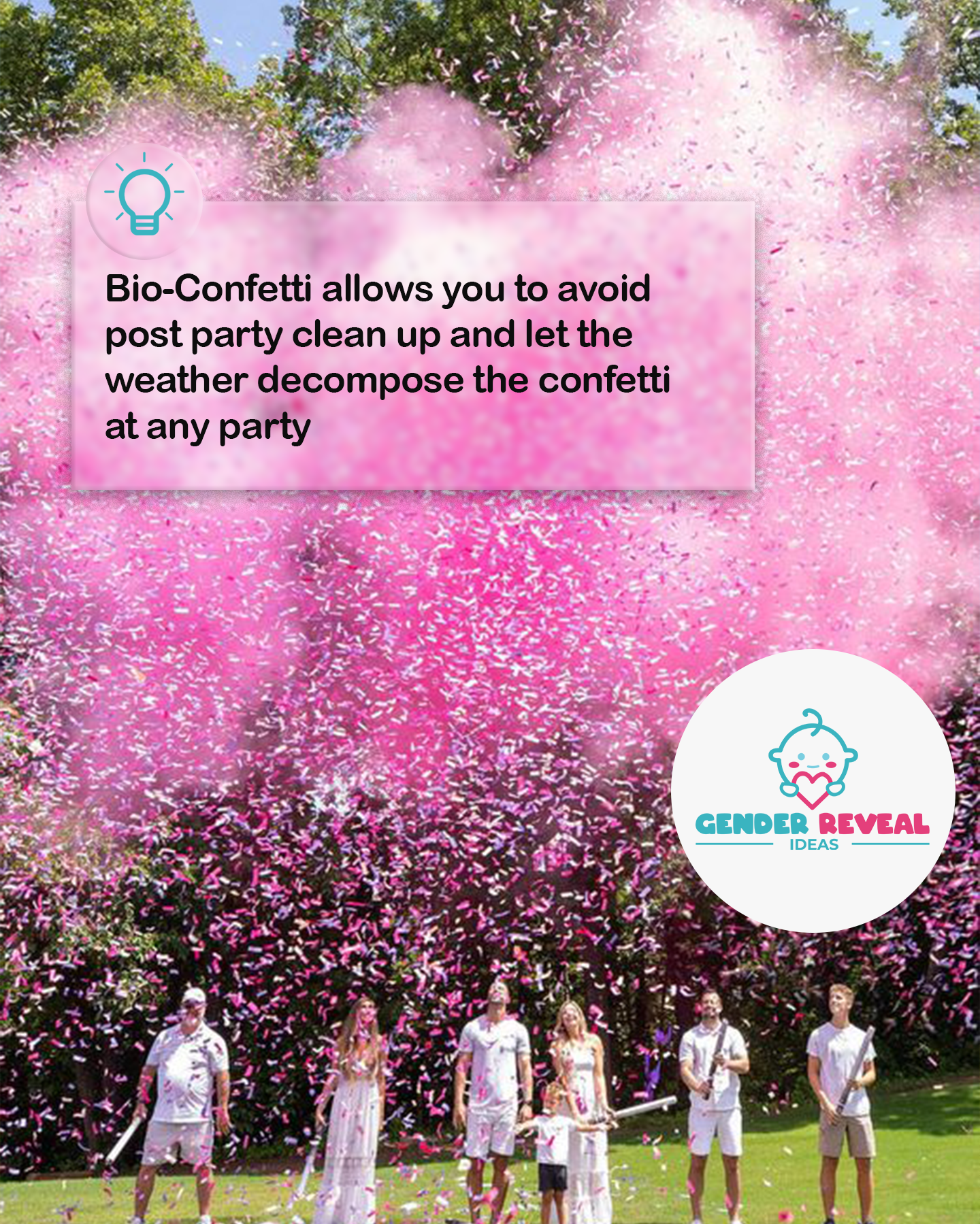 Gender Reveal Confetti & Powder Cannon XL 50cm shown in action with pink biodegradable confetti explosion against green trees. Group celebrating outdoors with eco-friendly confetti cannons creating a spectacular pink cloud effect. Product logo and text overlay highlighting biodegradable features.