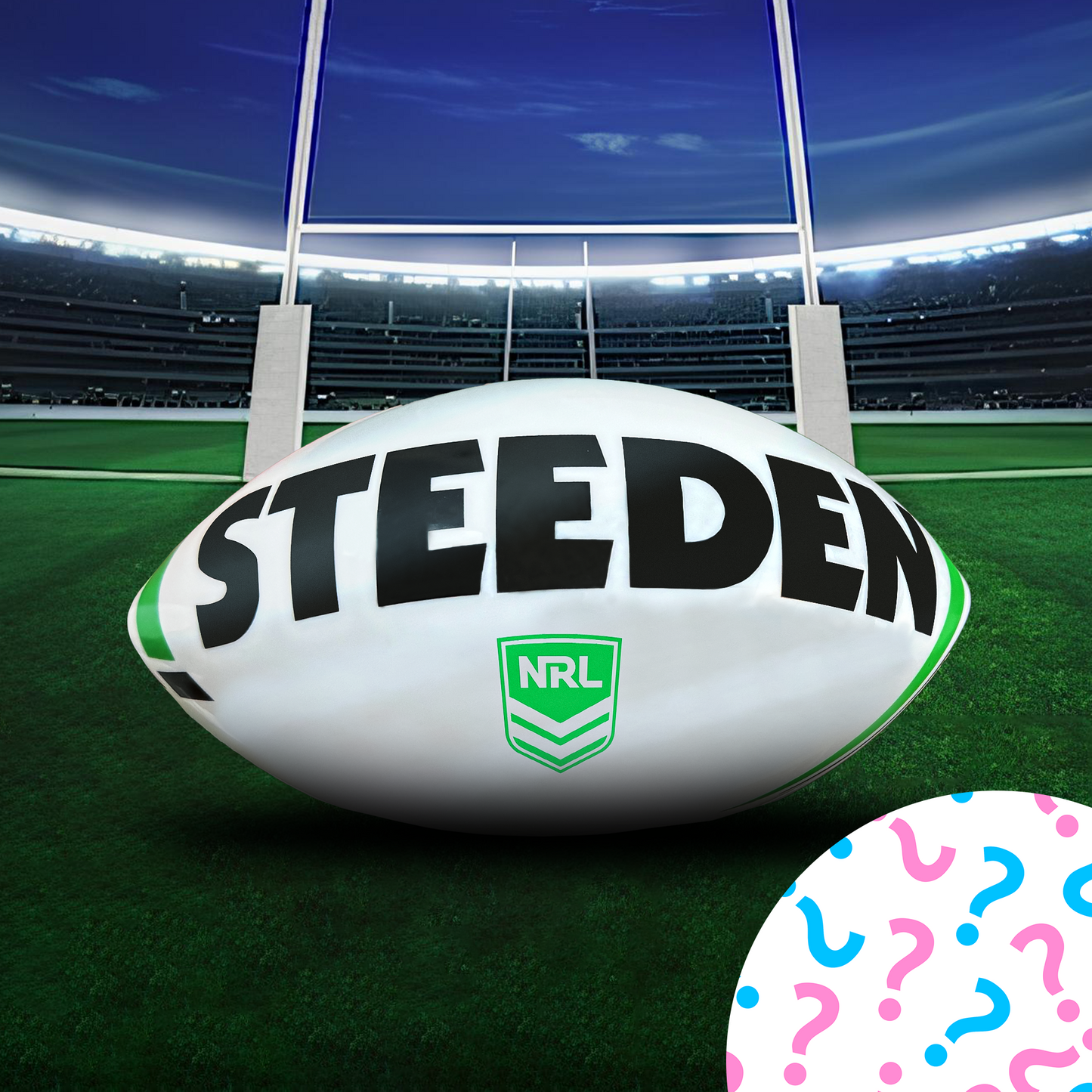 Sports Gender Reveal NRL Rugby Ball: White Steeden rugby ball with NRL logo on stadium field under goal posts, with gender reveal question marks overlay in pink and blue colors
