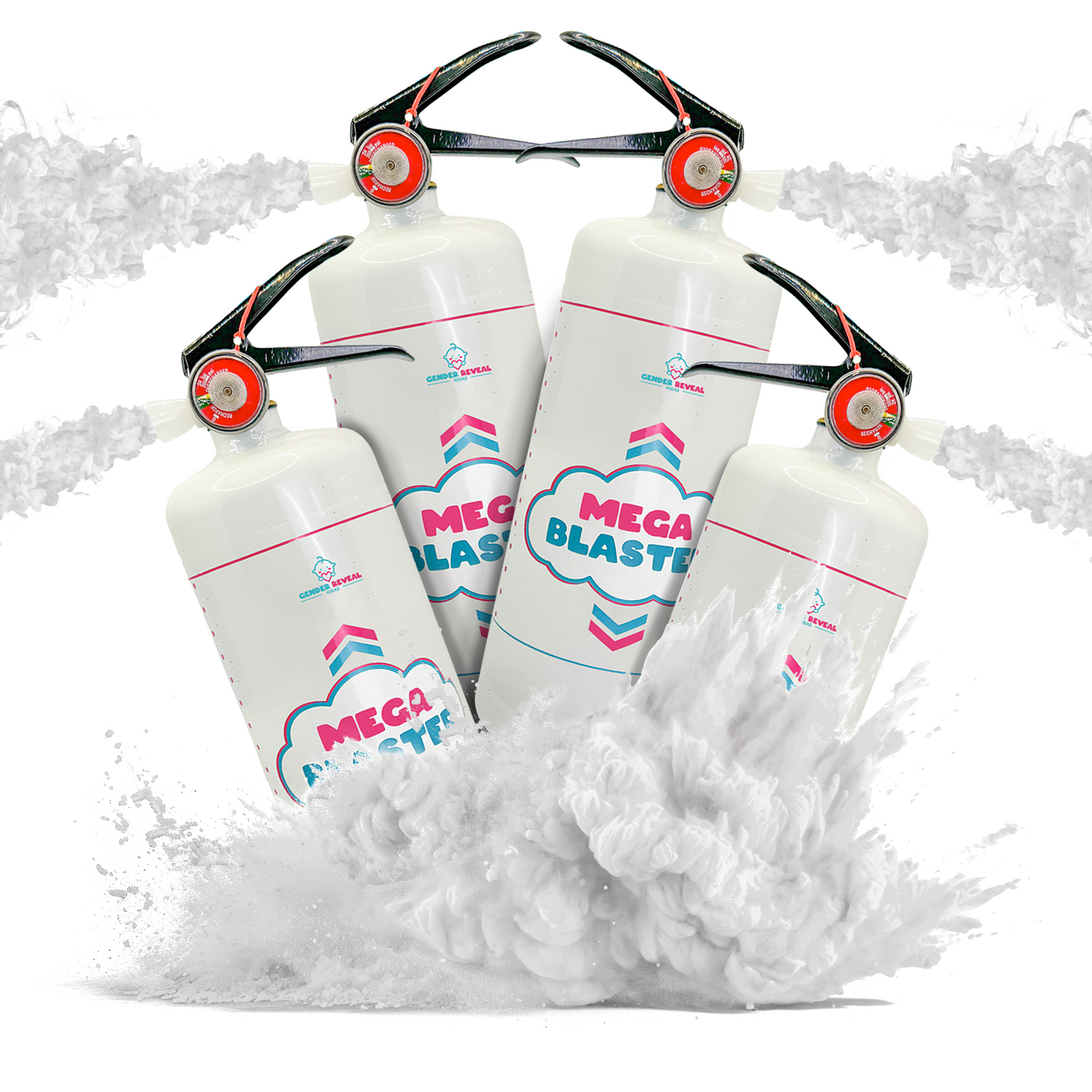 Quad Gender Reveal MEGA Powder Blaster extinguishers releasing dense white powder clouds in a dynamic arrangement.