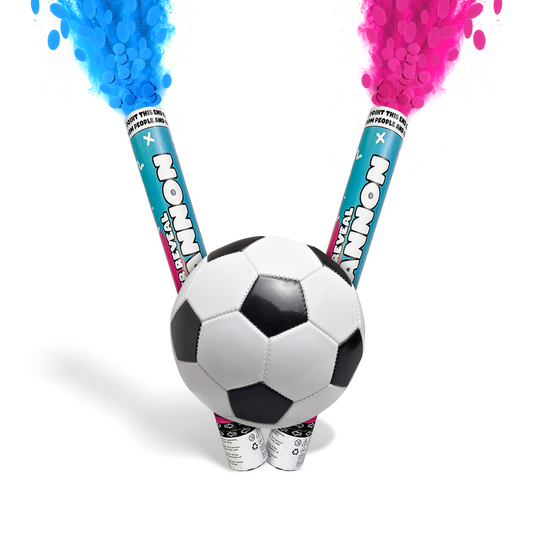 Gender Reveal Soccer & Cannon Bundle with blue and pink smoke cannons positioned behind soccer ball on white background