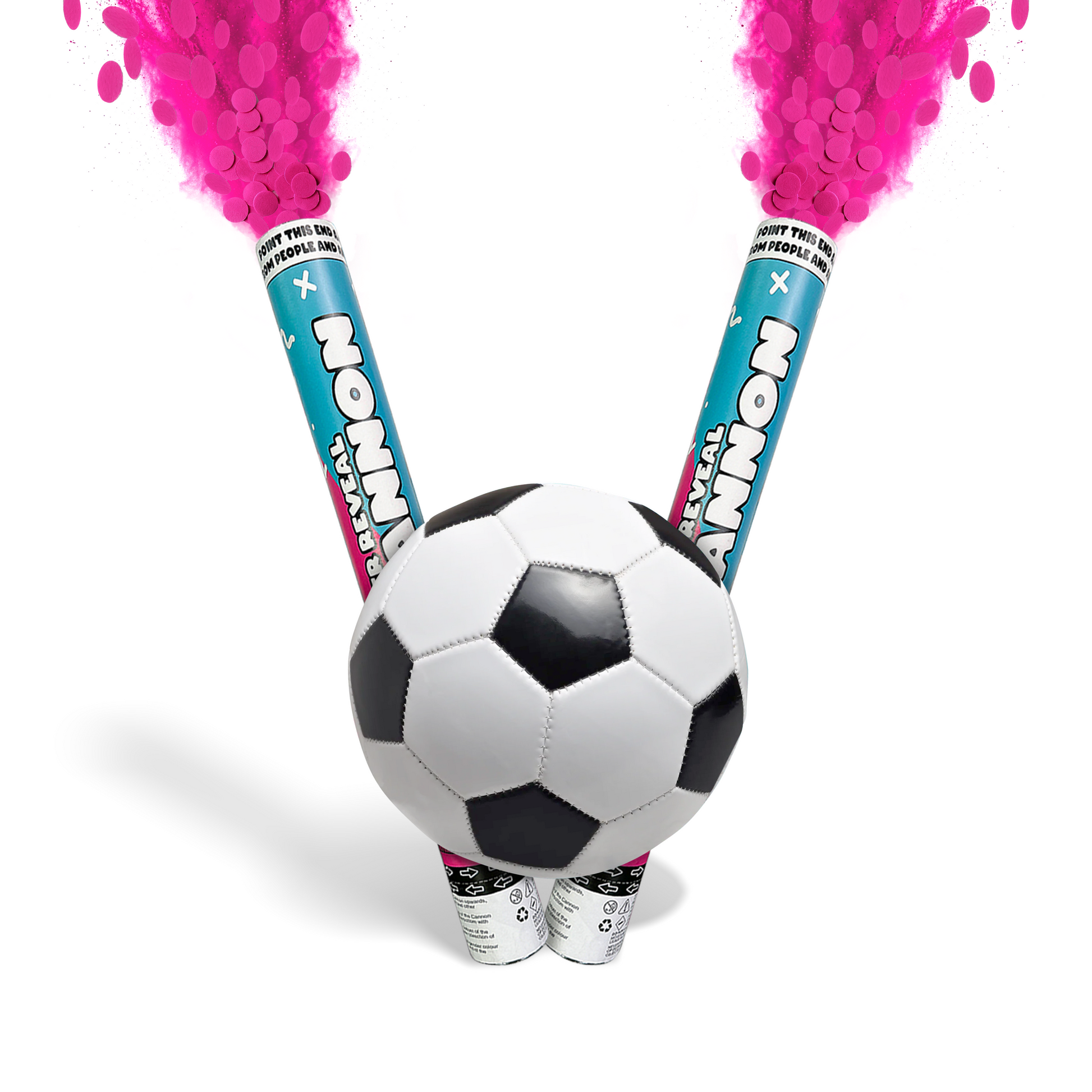 Soccer ball with two blue gender reveal cannons releasing bright pink smoke for Gender Reveal Soccer & Cannon Family Bundle