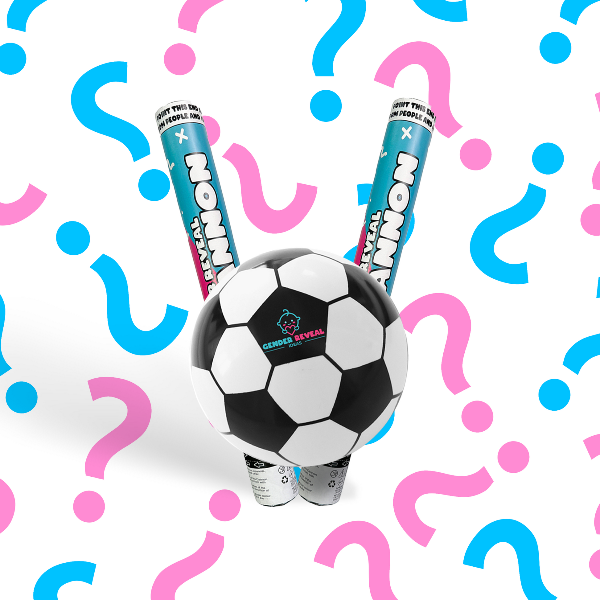 Soccer Gender Reveal Cannon & Ball Family Bundle featuring two blue confetti cannons positioned behind a classic black and white soccer ball, displayed against a white background with pink and blue question mark pattern design.