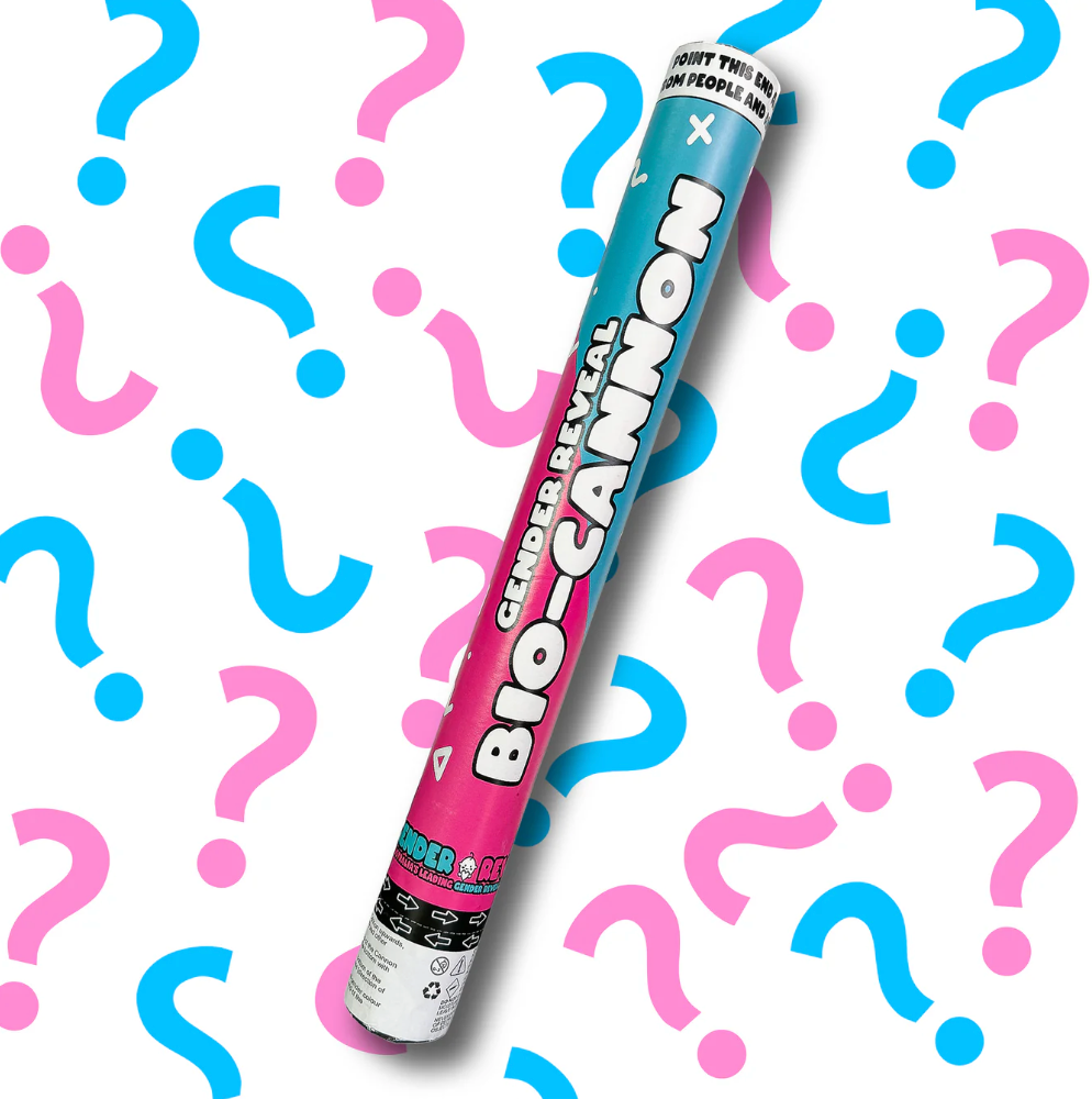 Gender Reveal Confetti Cannon XL 50cm with pink and blue design and question marks for gender reveal parties.