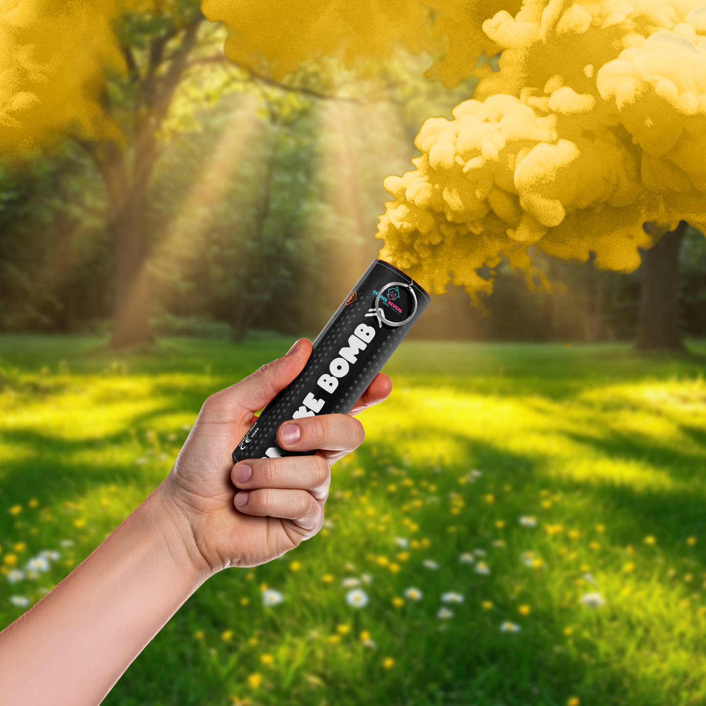 Hand holding lit Gender Reveal Smoke Bombs emitting dense yellow smoke in a sunlit outdoor garden setting.