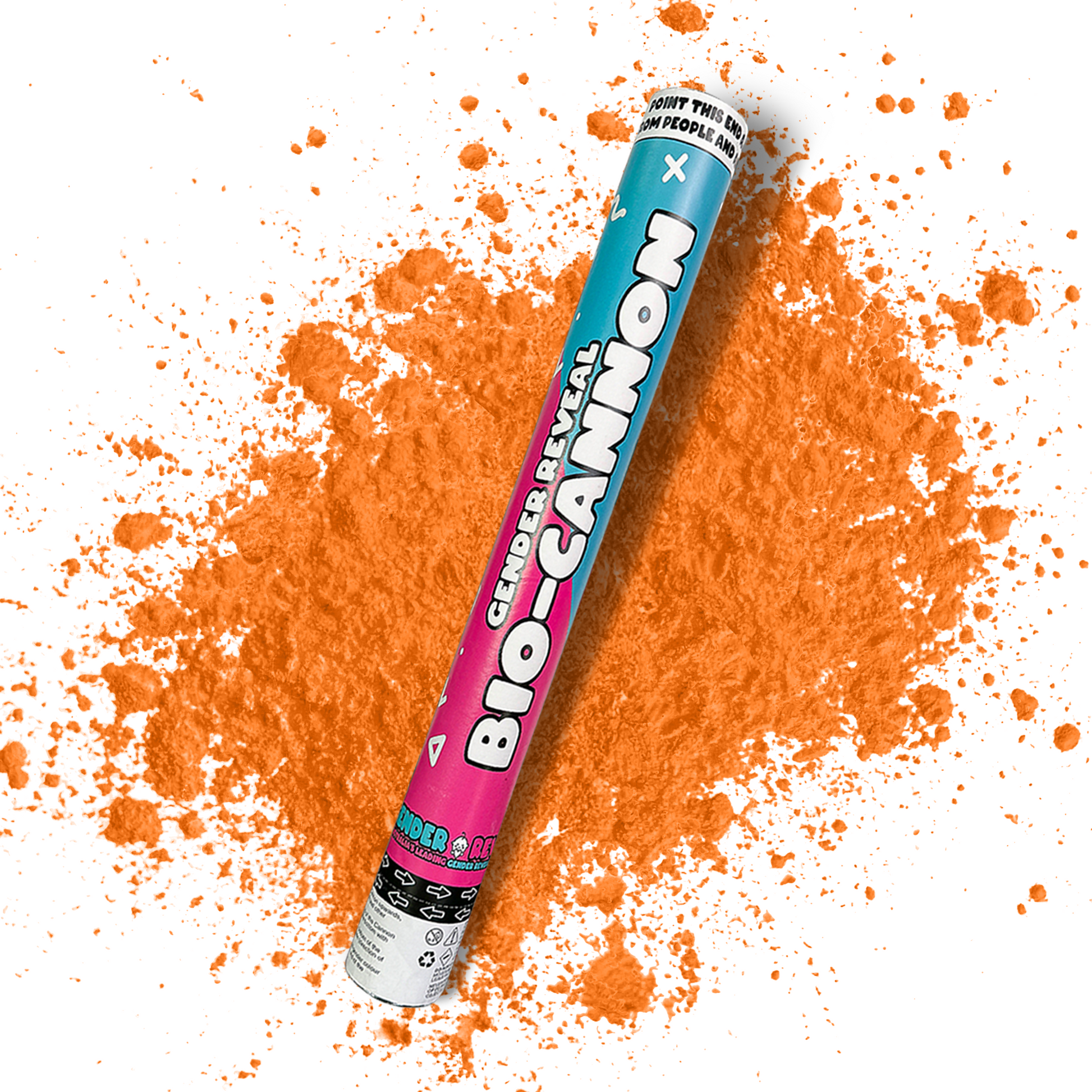 Gender Reveal Powder Cannon XL 50cm with eco-friendly orange powder blast on white background for gender reveals.