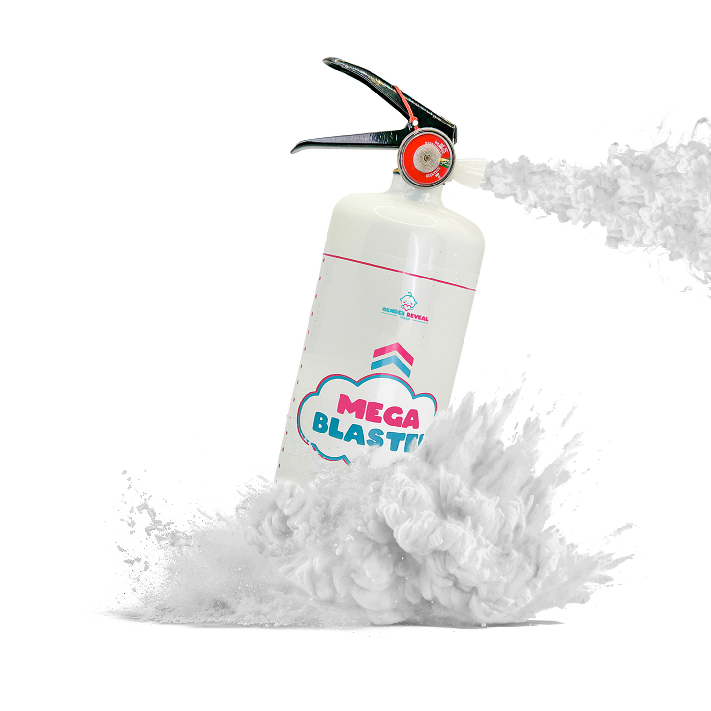 Gender Reveal Extinguisher MEGA Powder Blaster releasing a dramatic cloud of white powder in action.