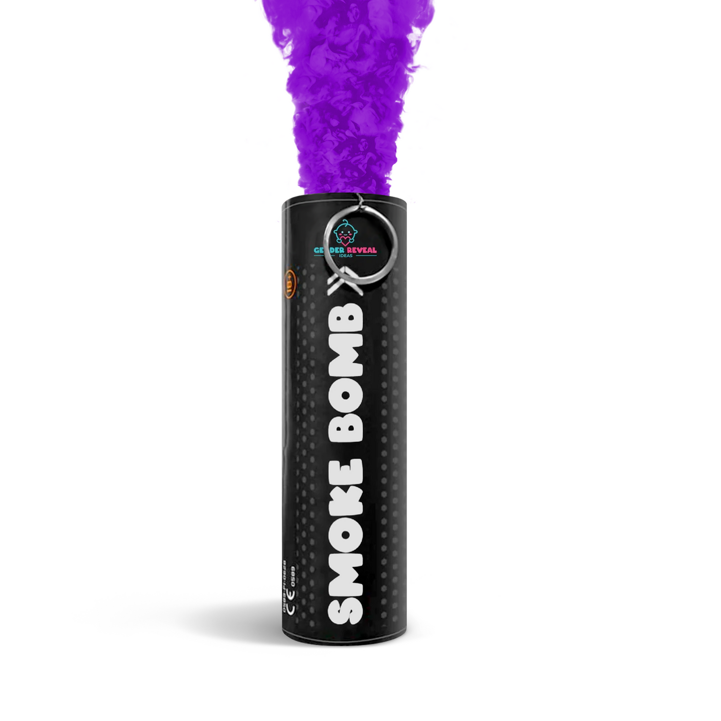 Gender Reveal Smoke Bombs emitting vibrant purple smoke with self-lighting pull string for gender reveal celebrations.