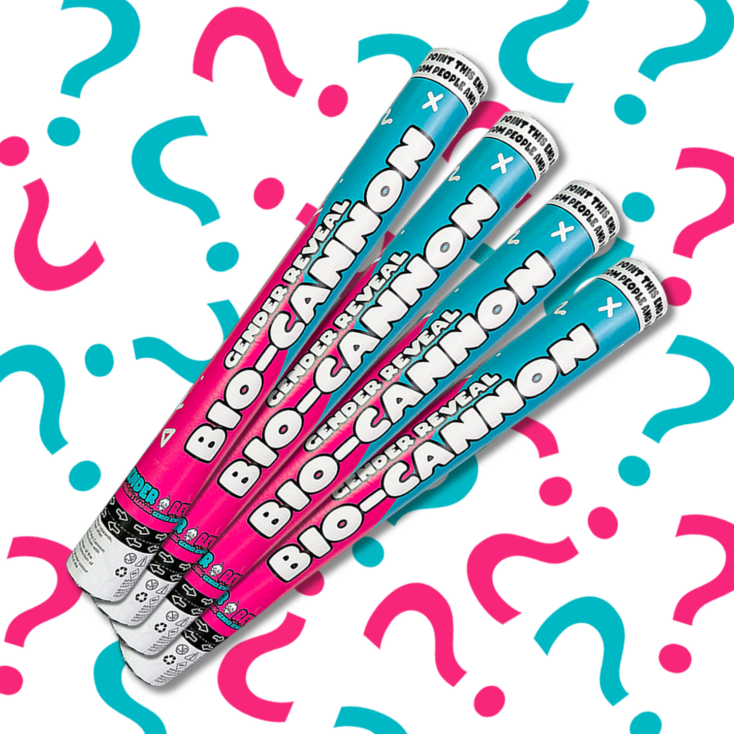 Gender Reveal Confetti Cannon XL BIO Bundle with pink and blue tubes surrounded by question mark decorations on white background