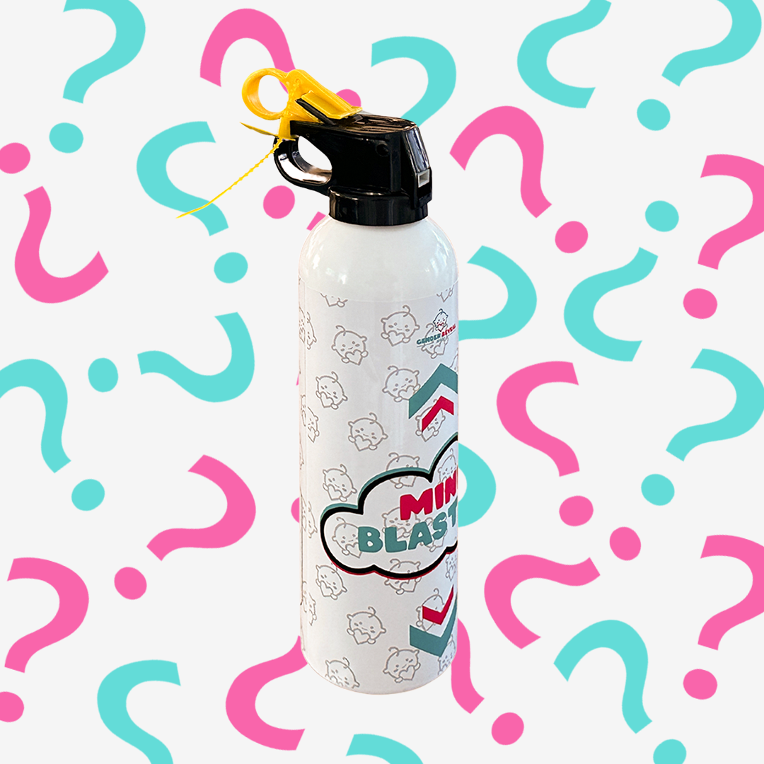 Gender Reveal Powder Extinguisher Mini Blaster with white design on pink and blue question mark background
