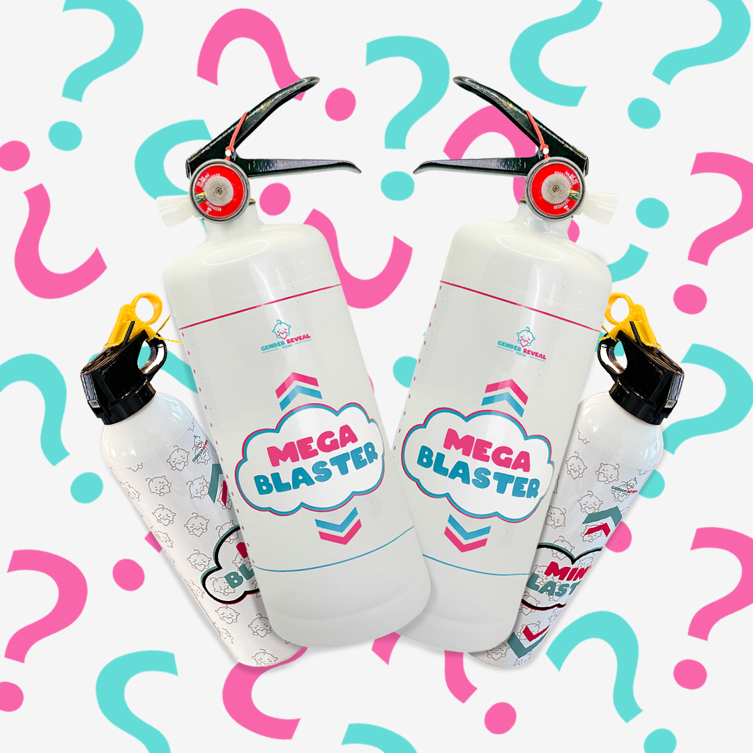 Quad Family Gender Reveal Extinguisher Bundle with 2 mega and 2 mini blasters surrounded by pink and blue question marks