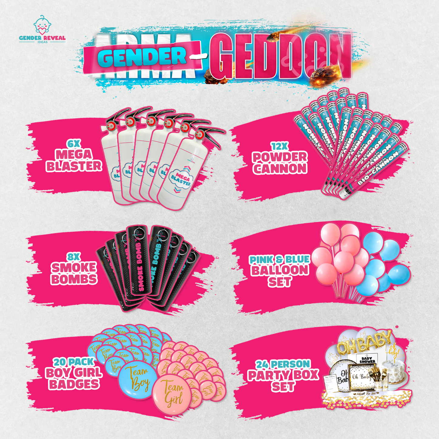 Gender-Geddon bundle featuring mega blaster, powder cannon, smoke bombs, pink and blue balloon set, boy/girl badges, and party box set displayed on white background with pink accent panels. Complete gender reveal party package showcasing multiple celebration components.