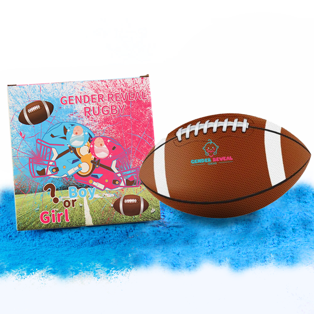 Sports Gender Reveal NFL Ball featuring a traditional brown leather football with white laces displayed next to colorful packaging showing pink and blue powder explosions and playful baby-themed illustrations on a vibrant blue background.