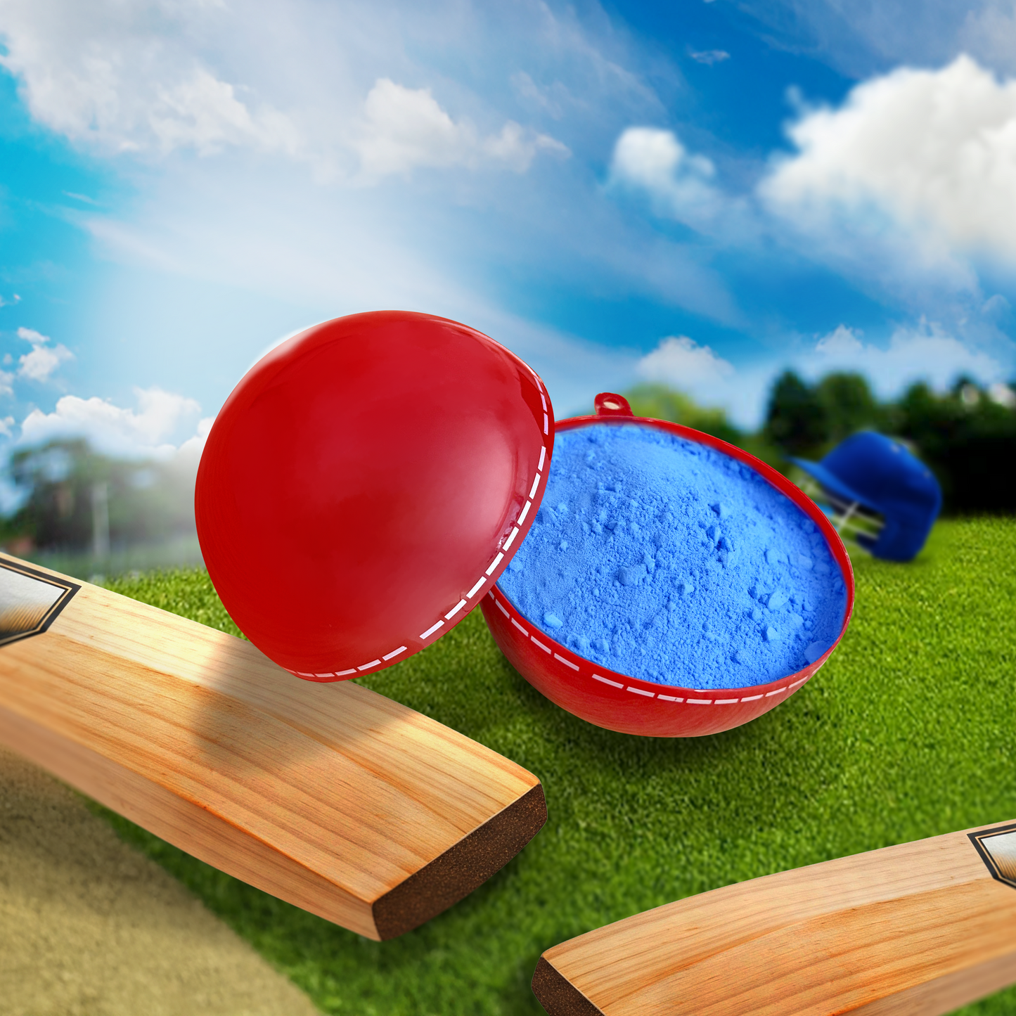 Gender reveal cricket ball, gender reveal ideas, Blue powder