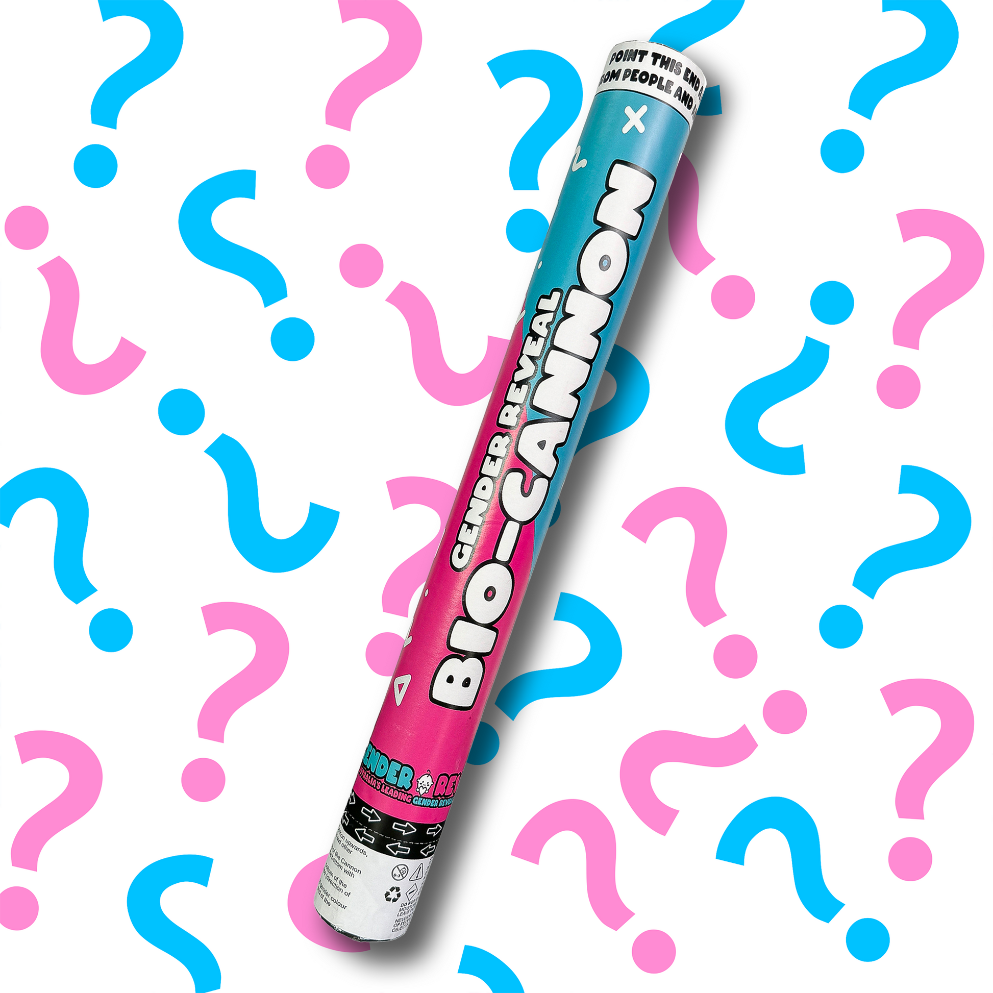 Gender Reveal Confetti & Powder Cannon XL 50cm shown diagonally against white background with pink and blue question mark pattern. Large cylindrical cannon features dual-colored design in pink and blue with product branding, perfect for gender reveal celebrations.