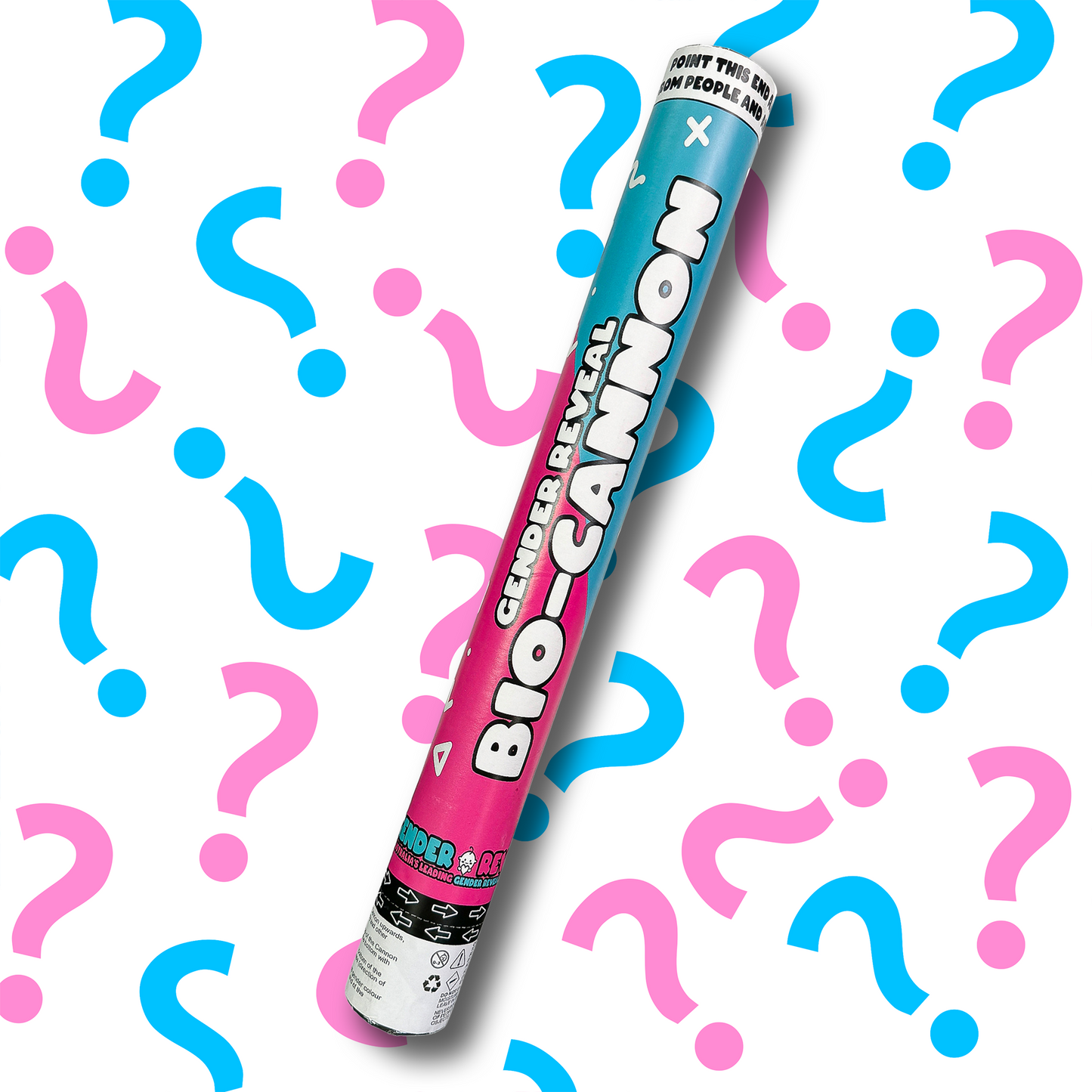Gender Reveal Powder Cannon XL 50cm shown diagonally against white background with pink and blue question marks pattern, featuring dual-colored design in pink and blue with white text, perfect for gender reveal celebrations