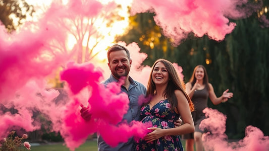 Australian couple celebrating gender reveal with pink smoke bomb in backyard