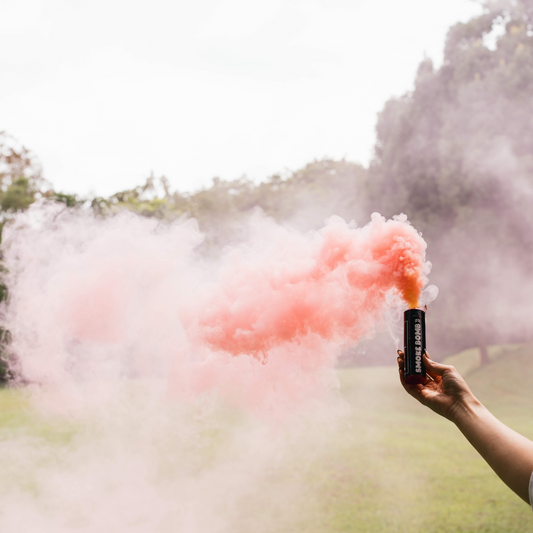 A person holding a black smoke bomb canister releasing thick pink smoke in an outdoor grassy park. The smoke swirls into the air, creating a dramatic effect against the green landscape and trees in the background.