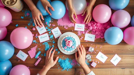 Creative gender reveal party ideas flat lay with pink and blue elements