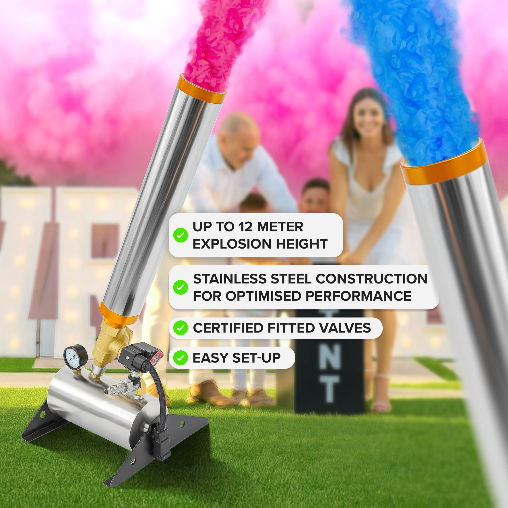 TNT Gender Reveal Self Hire showing pink and blue smoke cannons with family and TNT box in background.