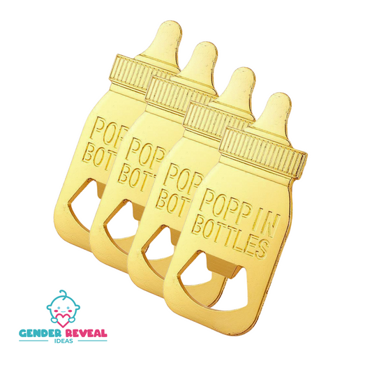 Poppin Bottles gold-colored metal bottle openers shaped like baby bottles, arranged in a row of four, featuring engraved text and bottle opening slots at the bottom, presented on a white background with a gender reveal logo beneath