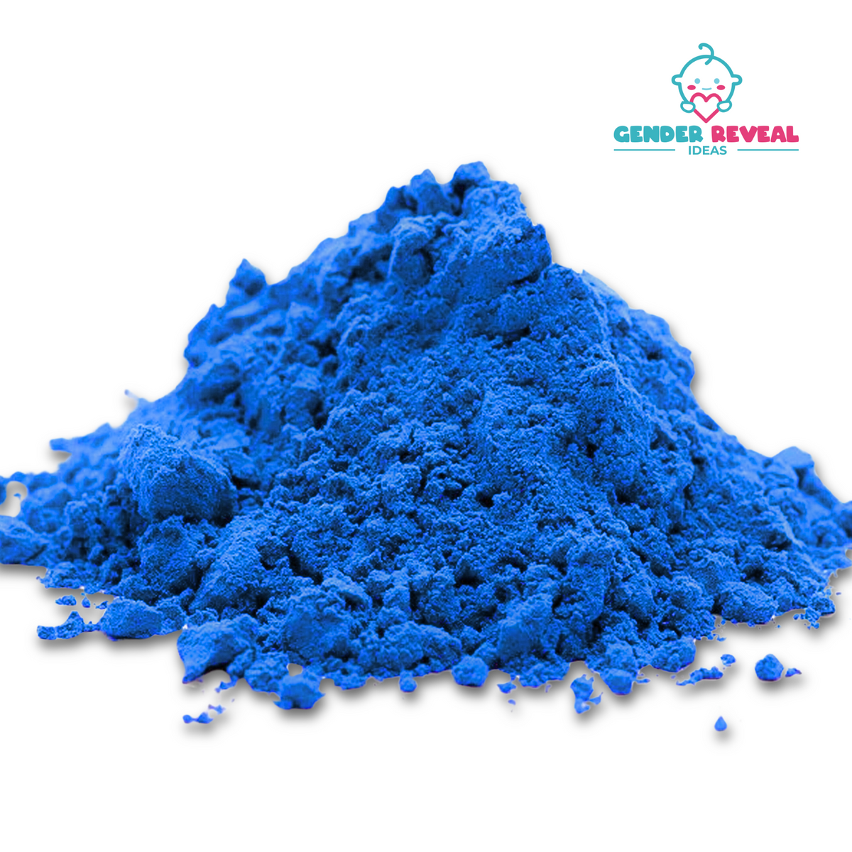 200g Gender Reveal BIO Powder shown as a vibrant blue powder pile with fine, loose texture on white background, displaying its soft, powdery consistency. Company logo appears in top right corner featuring a baby design in turquoise and pink colors.