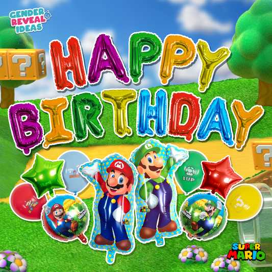 Colorful Mario Balloon Party Set featuring Mario, Luigi, question block, and power-up-themed balloons in red, blue, and yellow. Perfect for Super Mario-themed celebrations and birthdays.