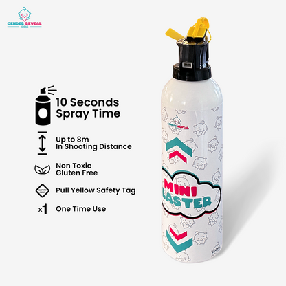 Gender Reveal Powder Extinguisher Mini Blaster displayed on white background, featuring white canister with colorful graphics, yellow safety cap, and product specifications showing 10-second spray time, 8m shooting distance, non-toxic formula, and one-time use design.