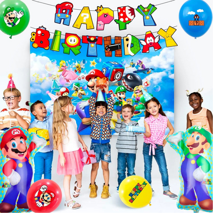 Super Mario Theme Full Party Set featuring colorful birthday banner, balloons with Mario characters, and vibrant backdrop with stars and gaming elements, perfect for a festive gaming-themed celebration for 15 guests.