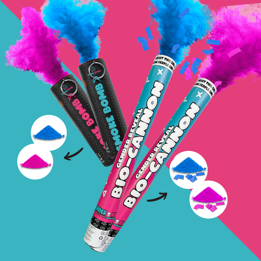 Gender Reveal Double Smoke and Cannon Effect Bundle featuring pink and blue smoke effects, displayed against a split turquoise and pink background, with product cannons and smoke bombs shown with color indicator icons demonstrating the dramatic reveal options.