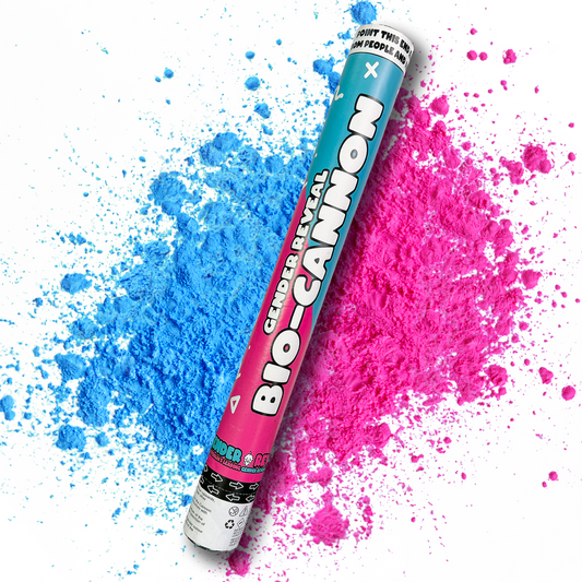 Gender Reveal Powder Cannon XL 50cm shown diagonally across pink and blue powder explosions, featuring a white and turquoise cylindrical design with colorful powder bursts creating a dramatic split effect on white background